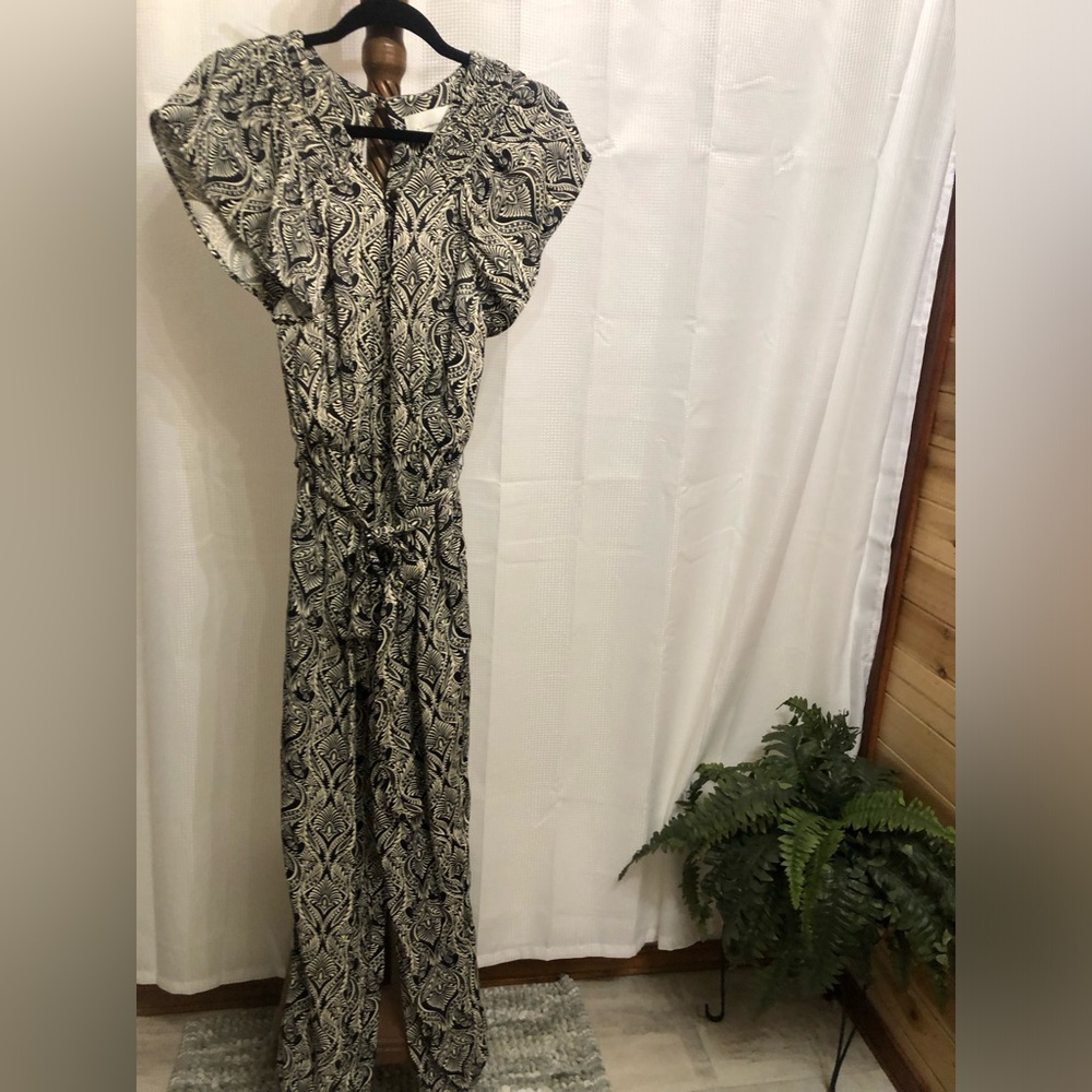 Anthropologie Black and Cream Patterned Jumpsuit - Picture 1 of 7
